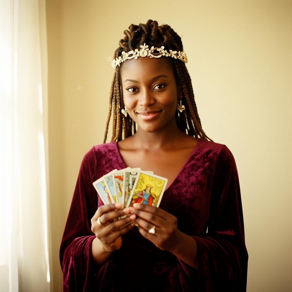 Empress Theadora holding tarot cards